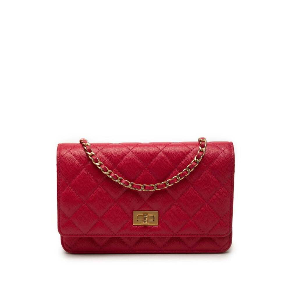 Chanel 2.55 Coco Mark Matelassé Wallet Chain Shoulder Bag Red Caviar Skin Wom...